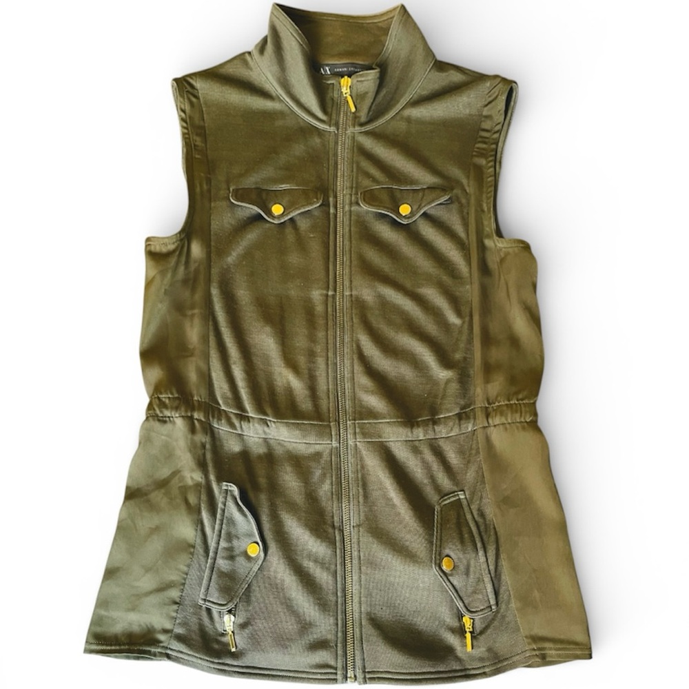 Y2K Armani Exchange Olive Green Sleeveless Utility Vest size small satin finish